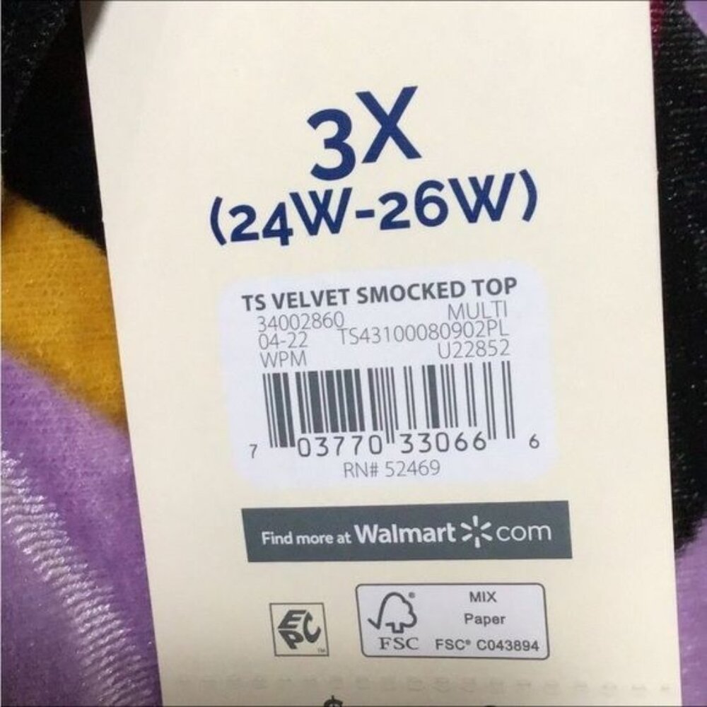 Terra & Sky Women’s Plus Size Velvet Smock Top, Multicolor, size 3X - Picture 11 of 11
